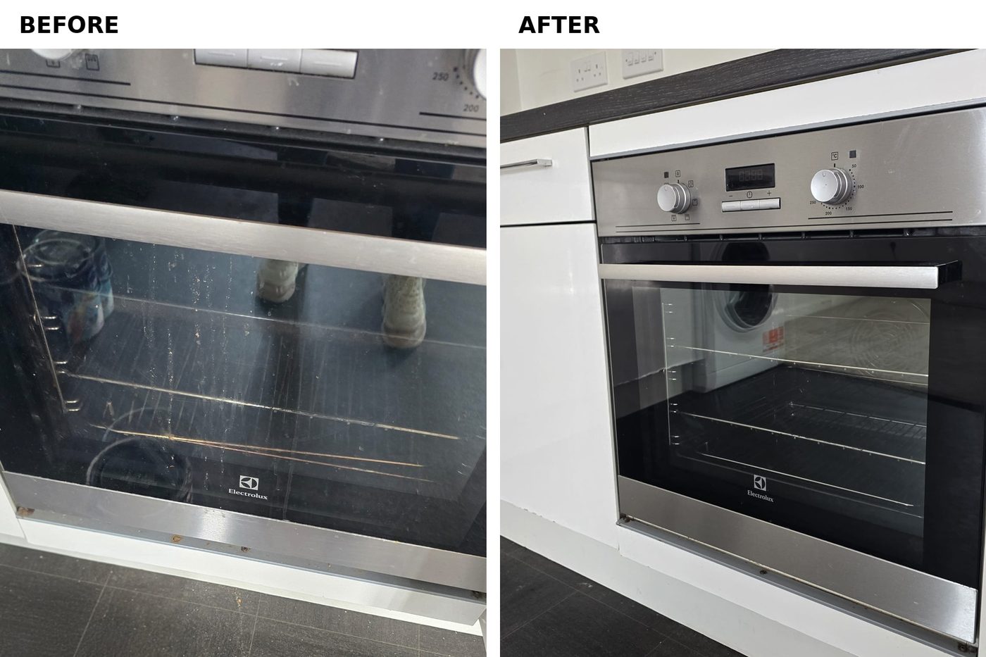 Oven door glass shown before and after cleaning