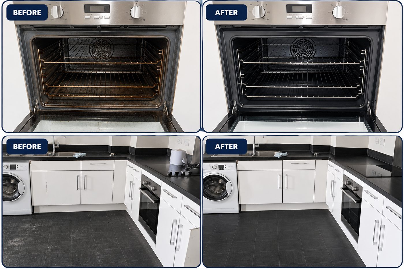 Oven interior and kitchen shown before and after cleaning